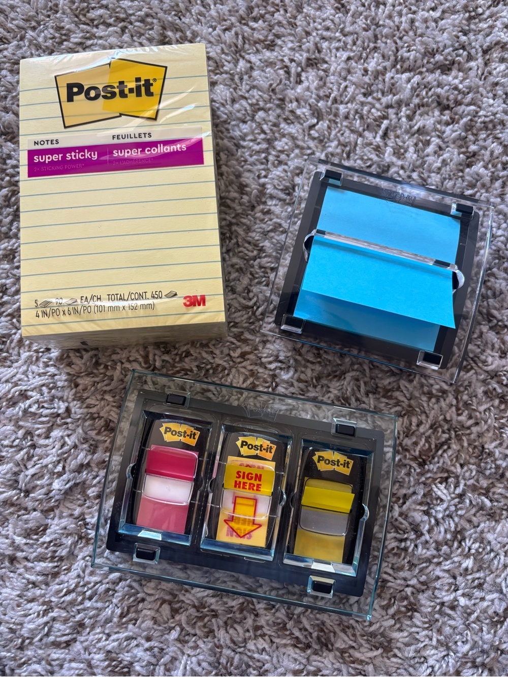 Assorted Dispensers, Sticky Notes and Page Flags Set - Blue, Yellow, Pink